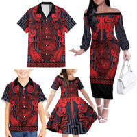 Custom New Zealand Taiaha Maori Family Matching Off The Shoulder Long Sleeve Dress and Hawaiian Shirt Whero Minimalist Silver Fern Tukutuku Motif LT9 - Polynesian Pride