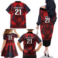 Custom New Zealand Taiaha Maori Family Matching Off The Shoulder Long Sleeve Dress and Hawaiian Shirt Whero Minimalist Silver Fern Tukutuku Motif LT9 - Polynesian Pride