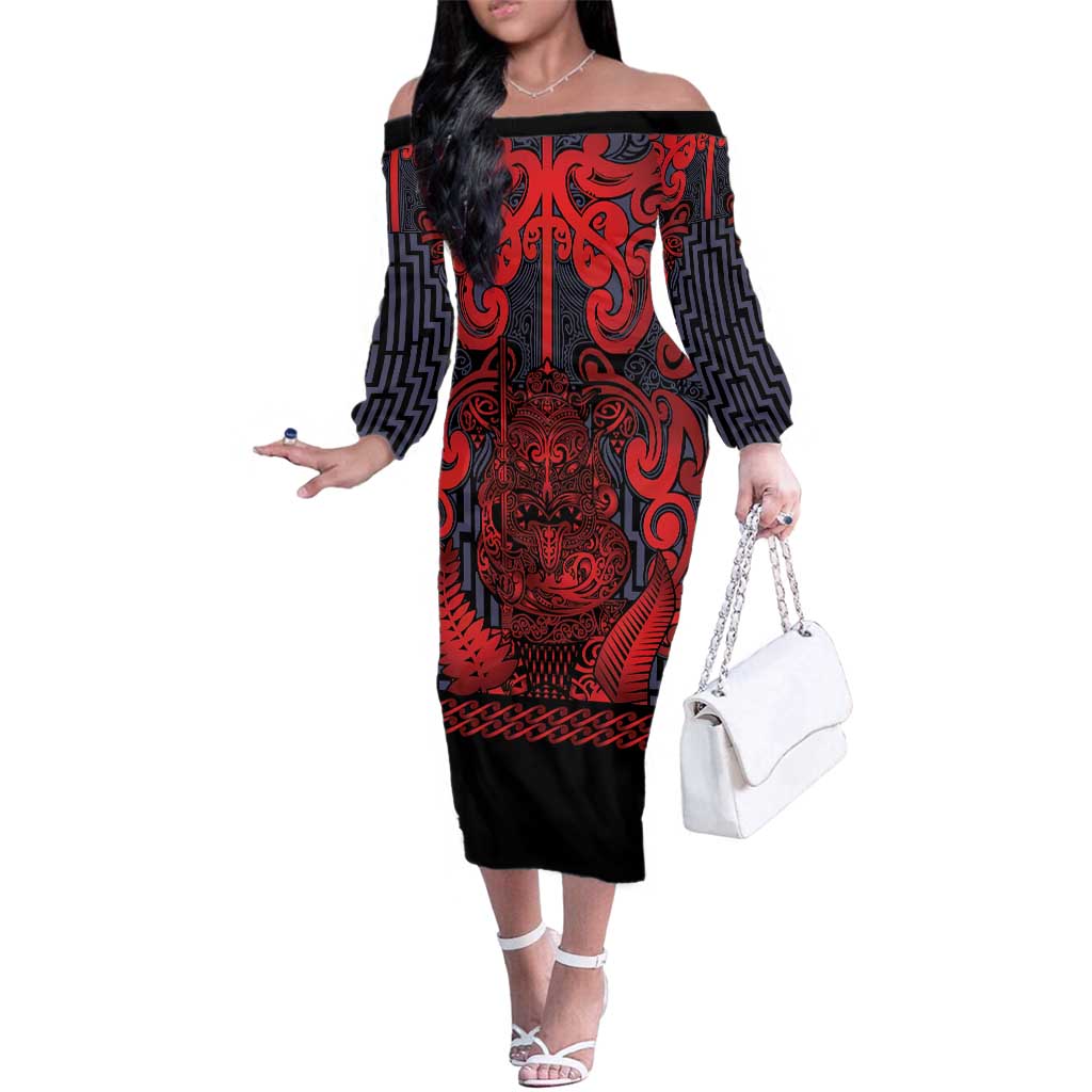 Custom New Zealand Taiaha Maori Family Matching Off The Shoulder Long Sleeve Dress and Hawaiian Shirt Whero Minimalist Silver Fern Tukutuku Motif LT9 Mom's Dress Red - Polynesian Pride