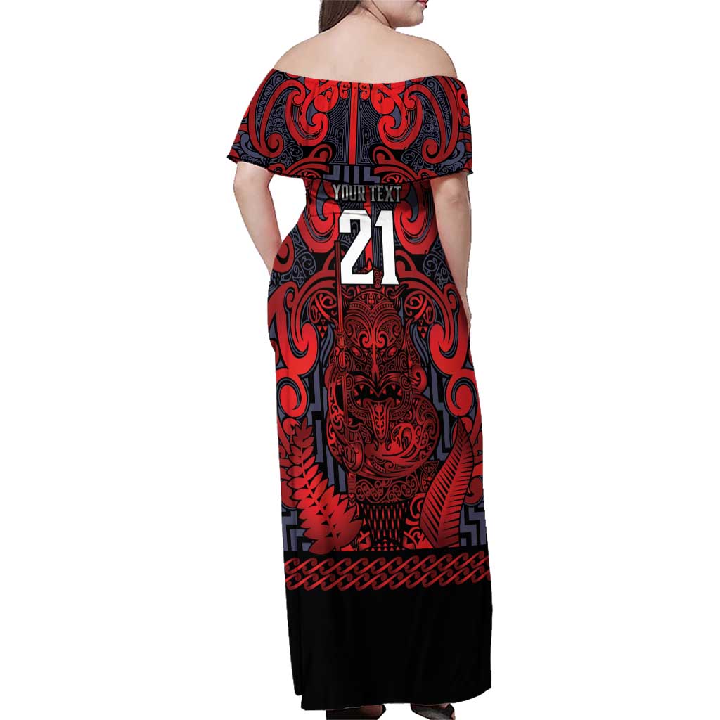 Custom New Zealand Taiaha Maori Family Matching Off Shoulder Maxi Dress and Hawaiian Shirt Whero Minimalist Silver Fern Tukutuku Motif LT9 - Polynesian Pride