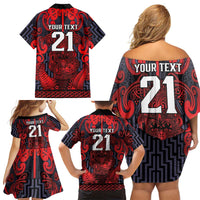 Custom New Zealand Taiaha Maori Family Matching Off Shoulder Short Dress and Hawaiian Shirt Whero Minimalist Silver Fern Tukutuku Motif LT9 - Polynesian Pride