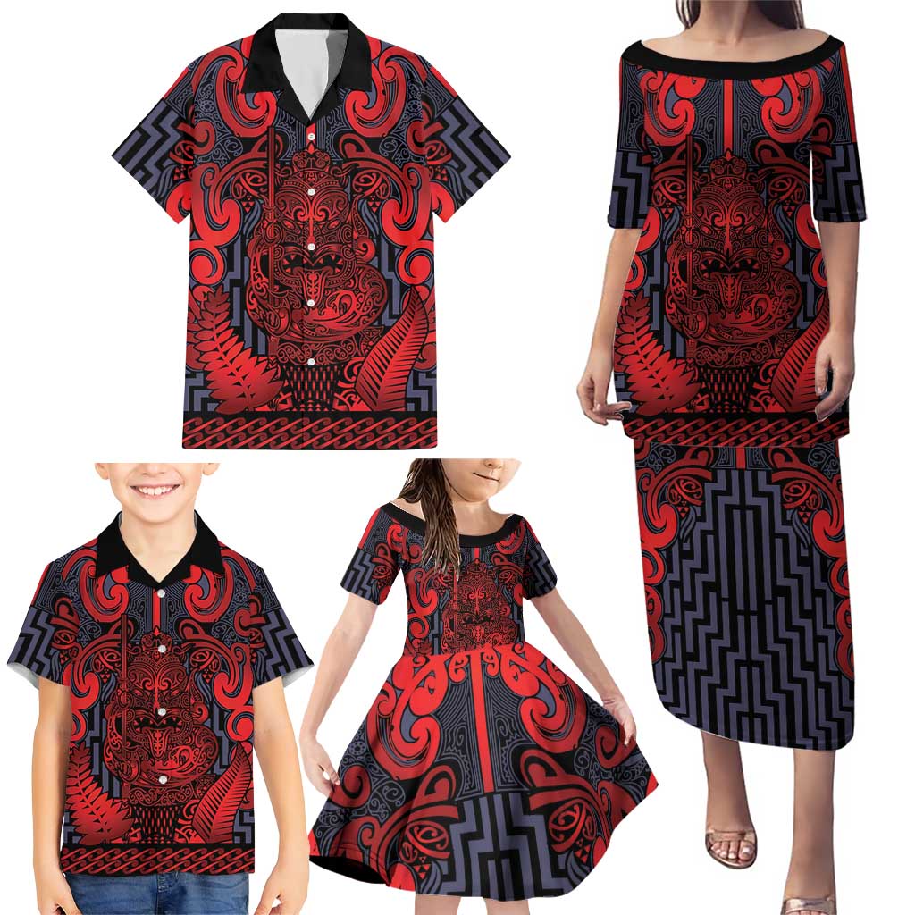 Custom New Zealand Taiaha Maori Family Matching Puletasi and Hawaiian Shirt Whero Minimalist Silver Fern Tukutuku Motif LT9 - Polynesian Pride