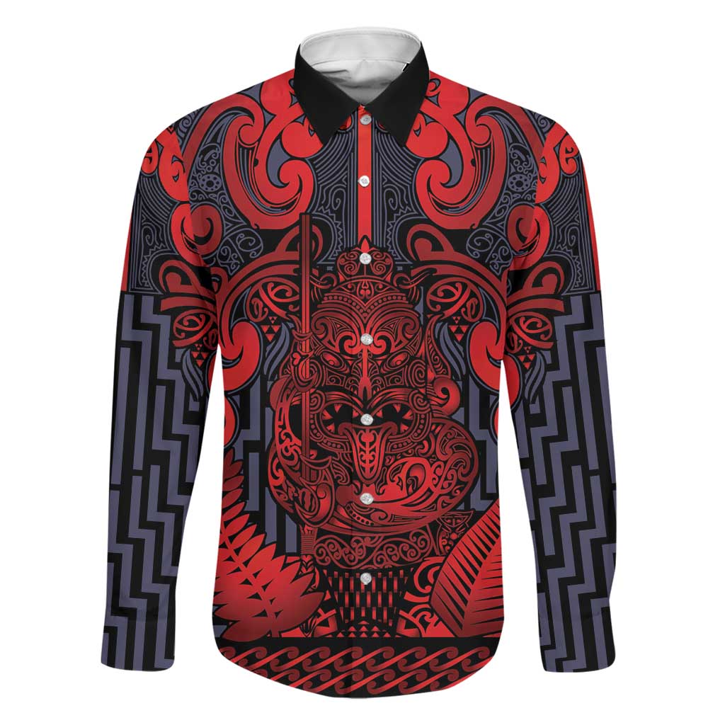 Custom New Zealand Taiaha Maori Family Matching Short Sleeve Bodycon Dress and Hawaiian Shirt Whero Minimalist Silver Fern Tukutuku Motif LT9 Dad's Shirt - Long Sleeve Red - Polynesian Pride