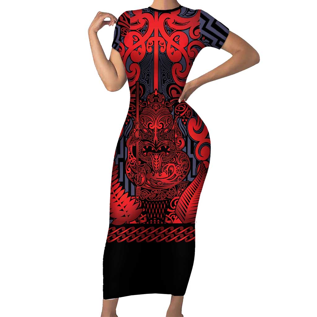 Custom New Zealand Taiaha Maori Family Matching Short Sleeve Bodycon Dress and Hawaiian Shirt Whero Minimalist Silver Fern Tukutuku Motif LT9 Mom's Dress Red - Polynesian Pride