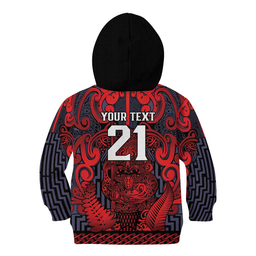 Custom New Zealand Taiaha Maori Kid Hoodie Whero Minimalist Silver Fern Tukutuku Motif LT9 - Polynesian Pride