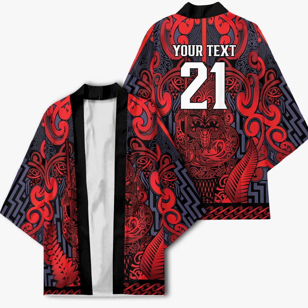 Custom New Zealand Taiaha Maori Kimono Whero Minimalist Silver Fern Tukutuku Motif LT9 - Polynesian Pride