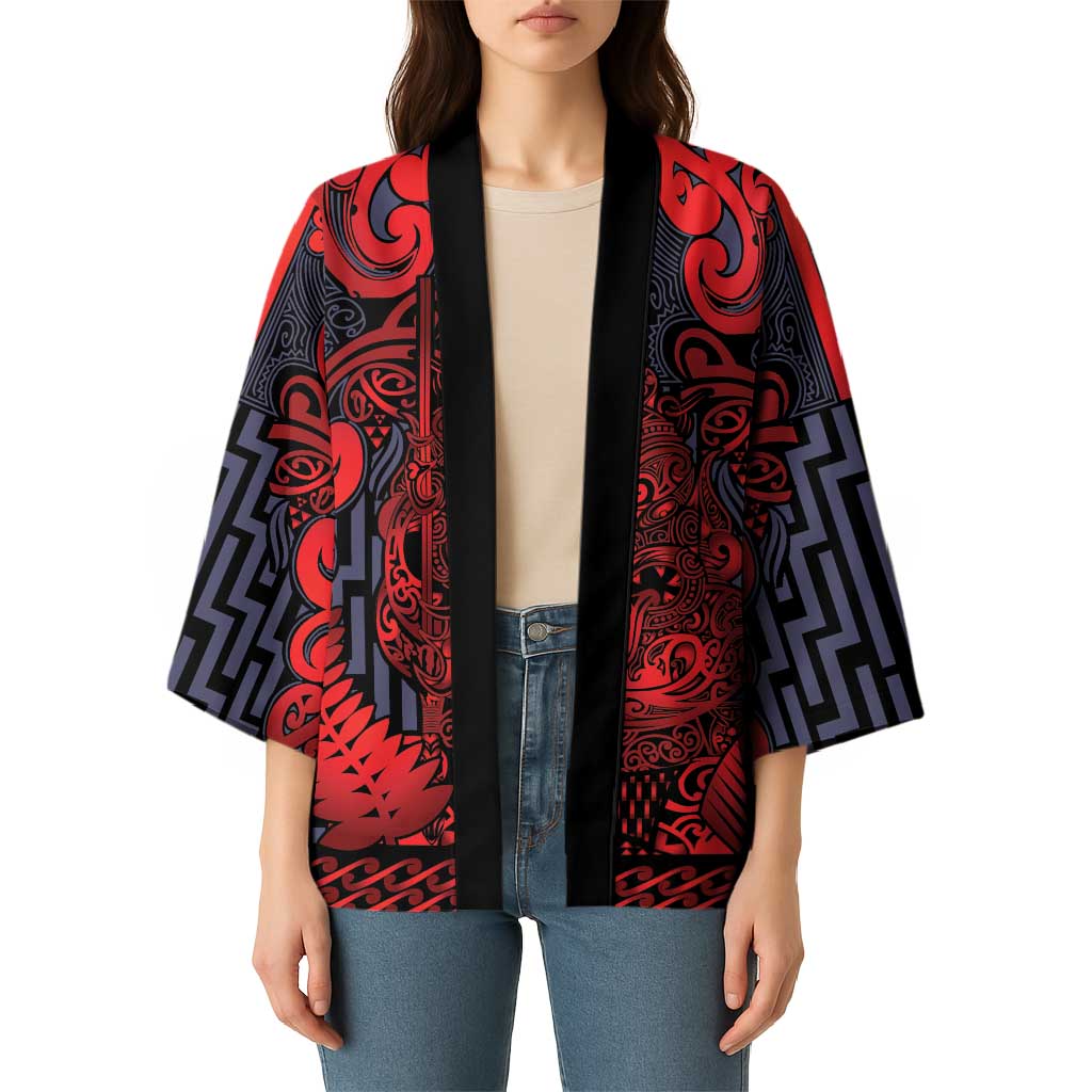 Custom New Zealand Taiaha Maori Kimono Whero Minimalist Silver Fern Tukutuku Motif LT9 - Polynesian Pride