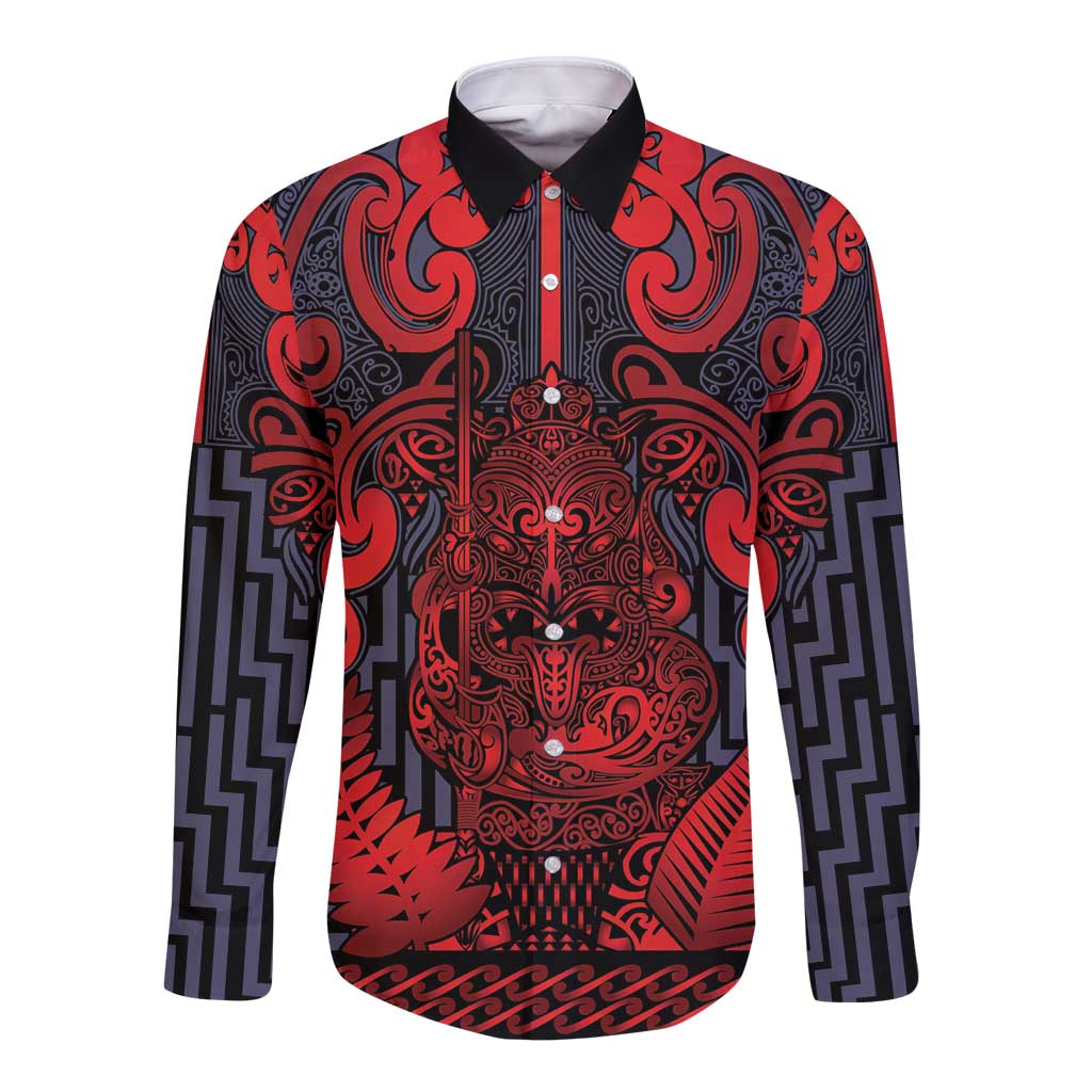 Custom New Zealand Taiaha Maori Long Sleeve Button Shirt Whero Minimalist Silver Fern Tukutuku Motif LT9 Unisex Red - Polynesian Pride