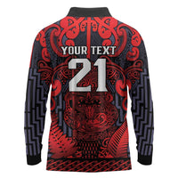 Custom New Zealand Taiaha Maori Long Sleeve Polo Shirt Whero Minimalist Silver Fern Tukutuku Motif LT9 - Polynesian Pride