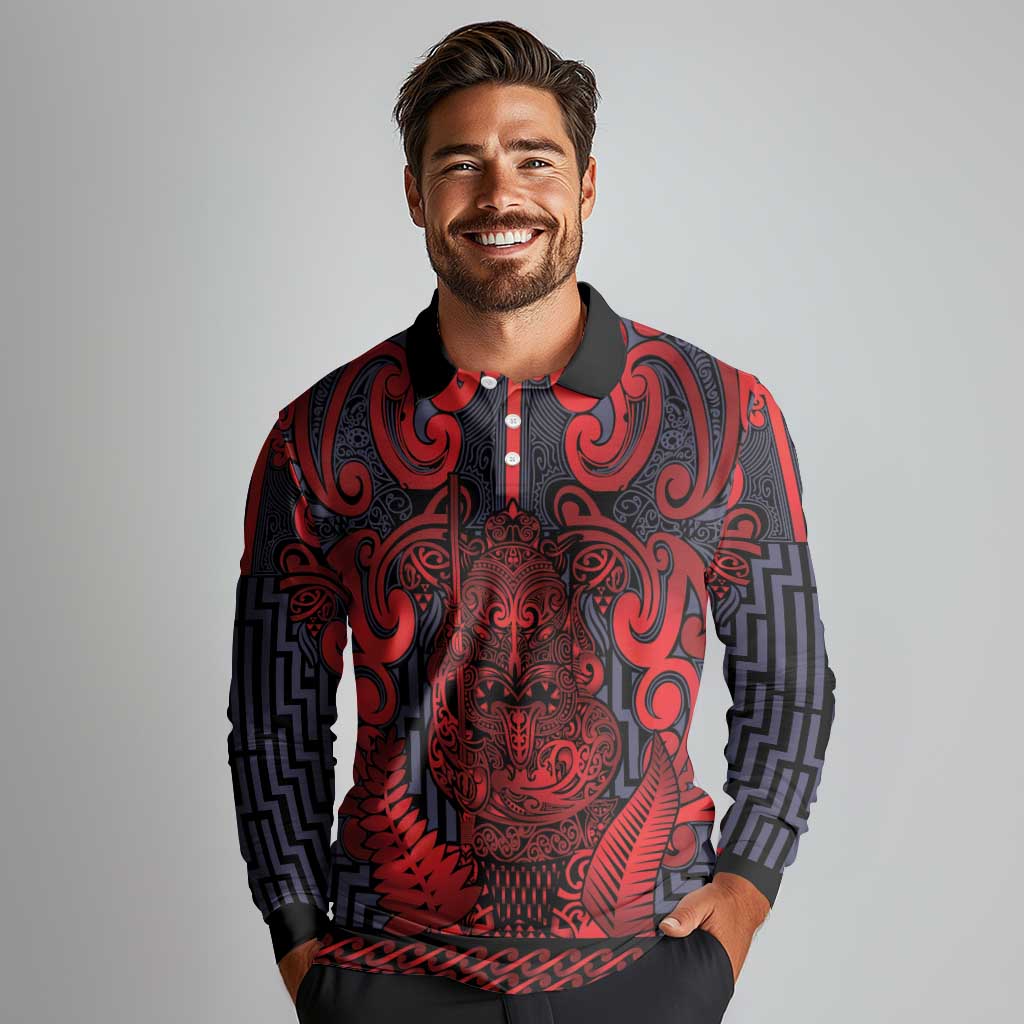 Custom New Zealand Taiaha Maori Long Sleeve Polo Shirt Whero Minimalist Silver Fern Tukutuku Motif LT9 - Polynesian Pride