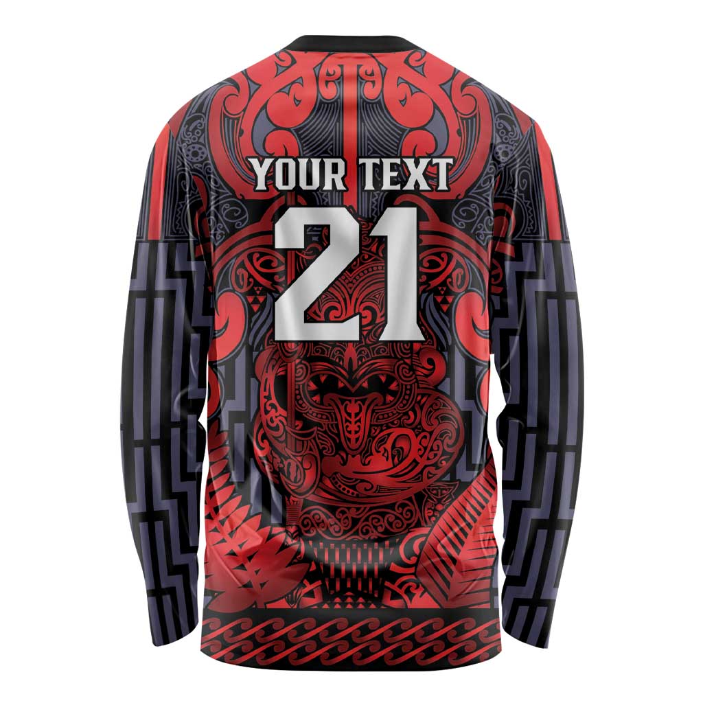 Custom New Zealand Taiaha Maori Long Sleeve Shirt Whero Minimalist Silver Fern Tukutuku Motif LT9 - Polynesian Pride