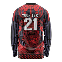 Custom New Zealand Taiaha Maori Long Sleeve Shirt Whero Minimalist Silver Fern Tukutuku Motif LT9 - Polynesian Pride