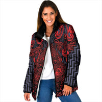 Custom New Zealand Taiaha Maori Padded Jacket Whero Minimalist Silver Fern Tukutuku Motif LT9 Women Red - Polynesian Pride