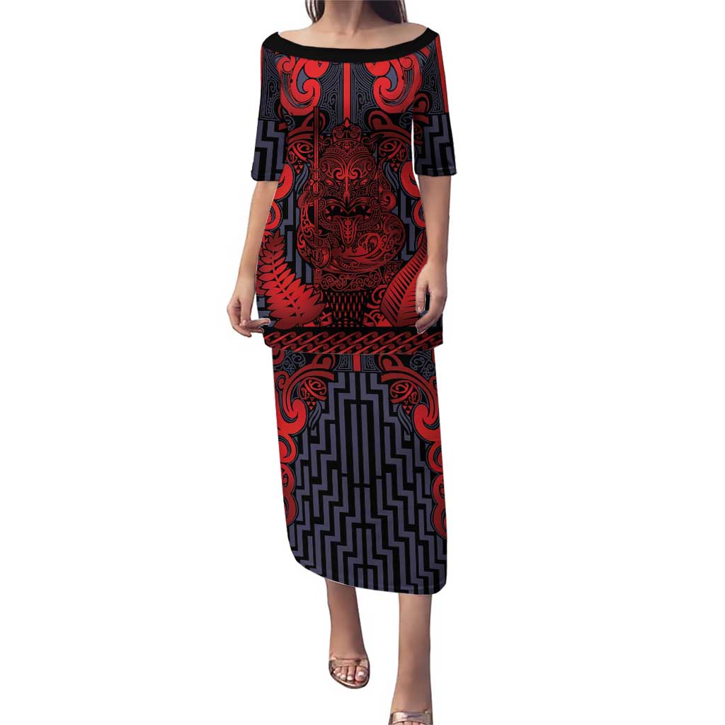 Custom New Zealand Taiaha Maori Puletasi Whero Minimalist Silver Fern Tukutuku Motif LT9 Long Dress Red - Polynesian Pride