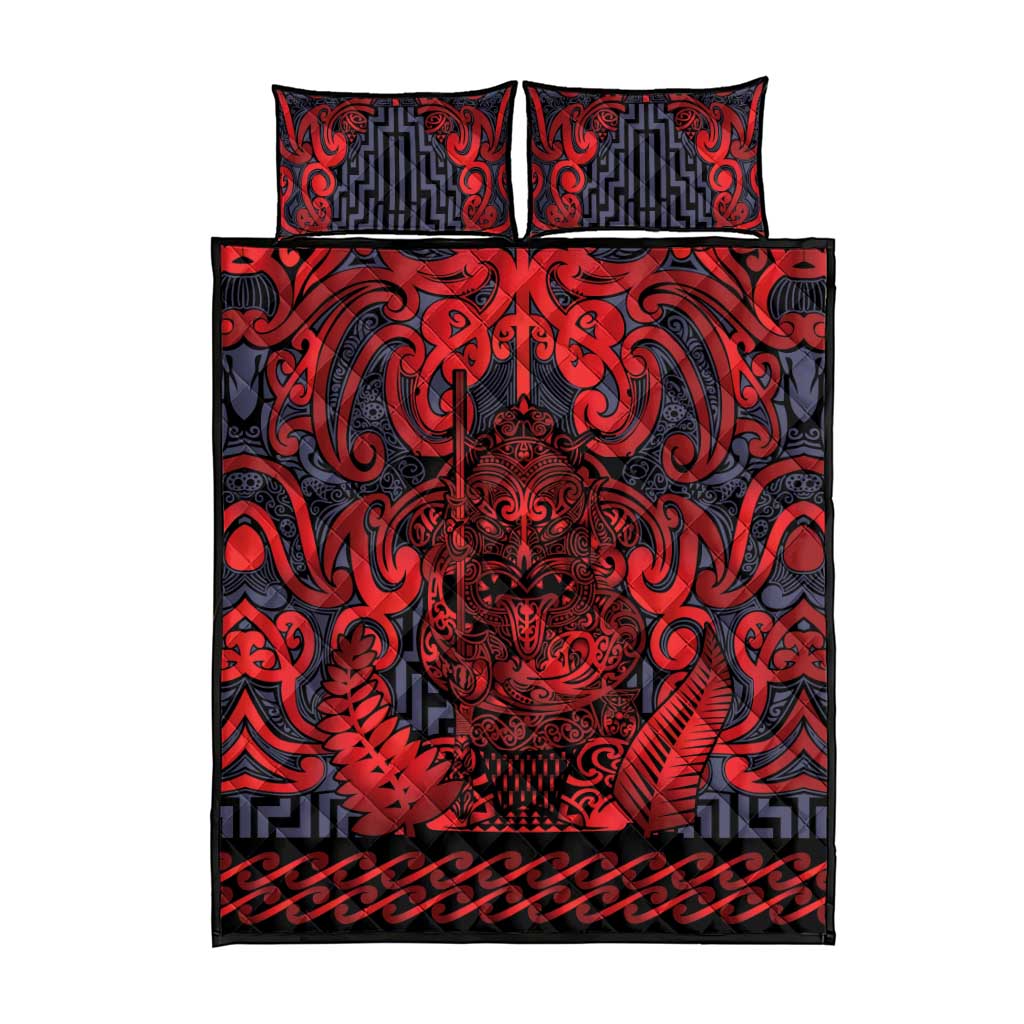 New Zealand Taiaha Maori Quilt Bed Set Whero Minimalist Silver Fern Tukutuku Motif LT9 - Polynesian Pride