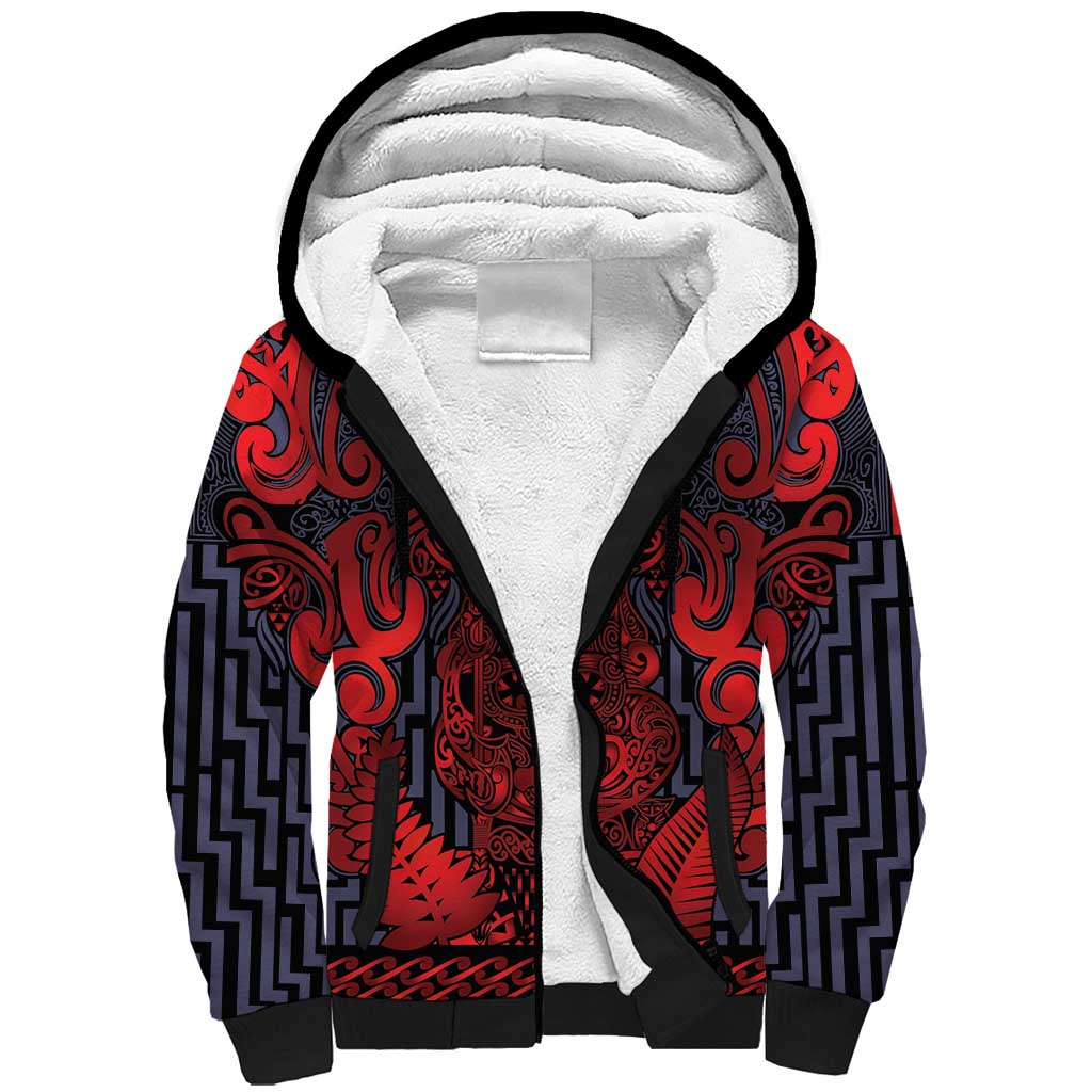 Custom New Zealand Taiaha Maori Sherpa Hoodie Whero Minimalist Silver Fern Tukutuku Motif LT9 Unisex Red - Polynesian Pride