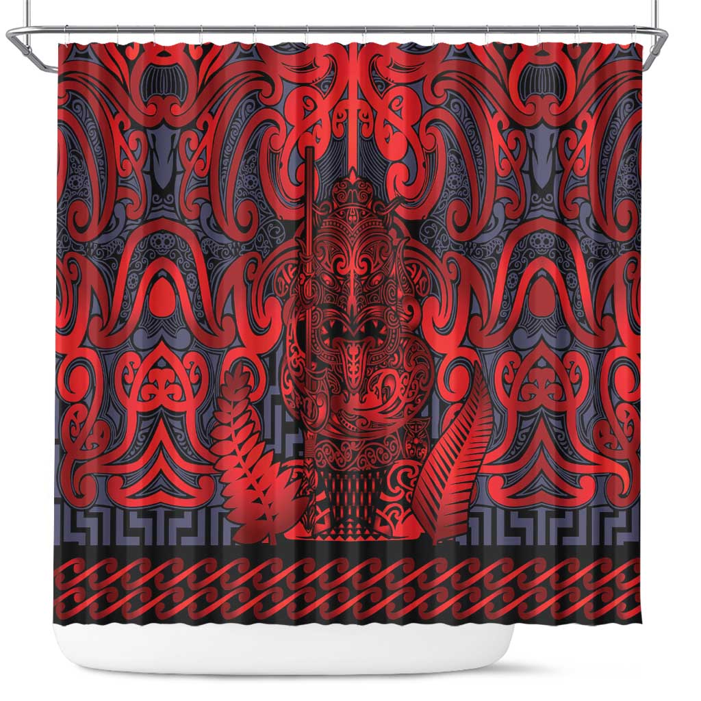 New Zealand Taiaha Maori Shower Curtain Whero Minimalist Silver Fern Tukutuku Motif LT9 Red - Polynesian Pride