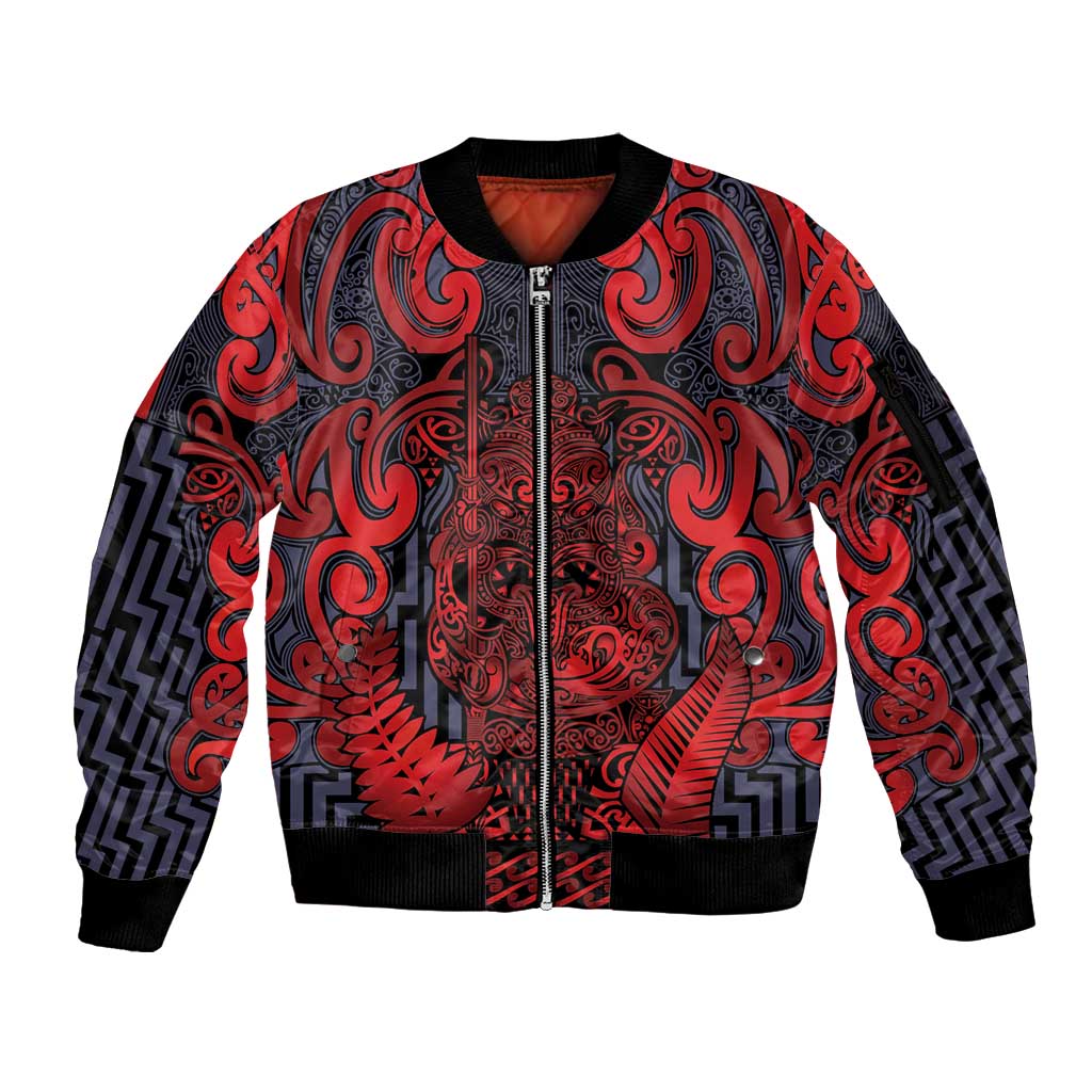 Custom New Zealand Taiaha Maori Sleeve Zip Bomber Jacket Whero Minimalist Silver Fern Tukutuku Motif