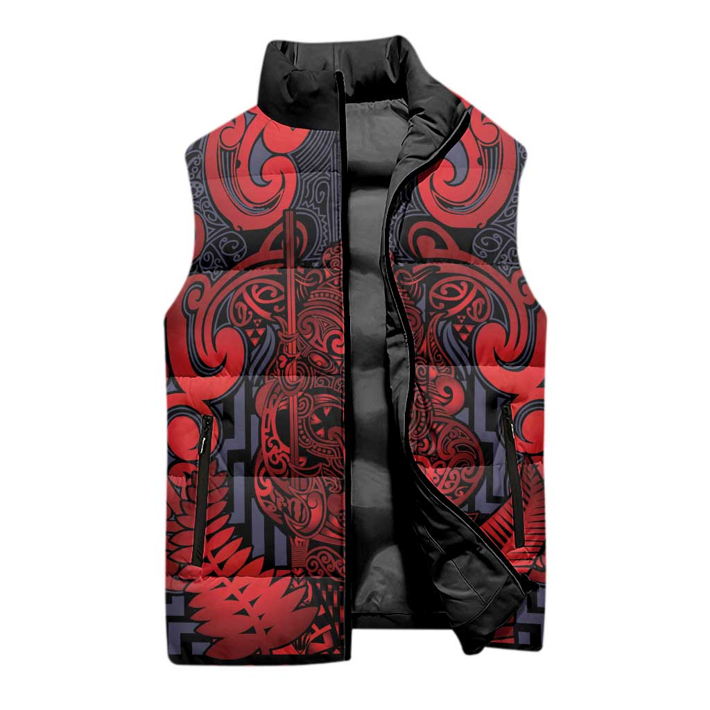 Custom New Zealand Taiaha Maori Sleeveless Puffer Jacket Whero Minimalist Silver Fern Tukutuku Motif LT9 - Polynesian Pride