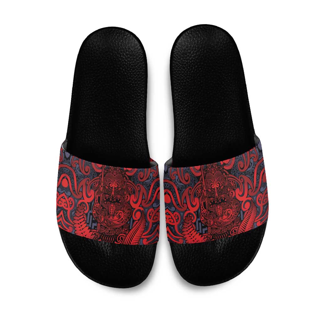 New Zealand Taiaha Maori Slide Sandals Whero Minimalist Silver Fern Tukutuku Motif LT9 Red - Polynesian Pride