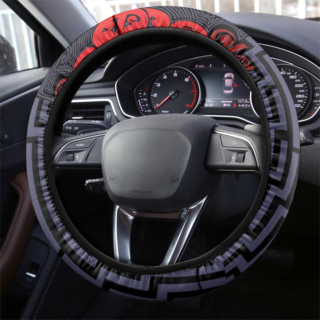 New Zealand Taiaha Maori Steering Wheel Cover Whero Minimalist Silver Fern Tukutuku Motif LT9 - Polynesian Pride