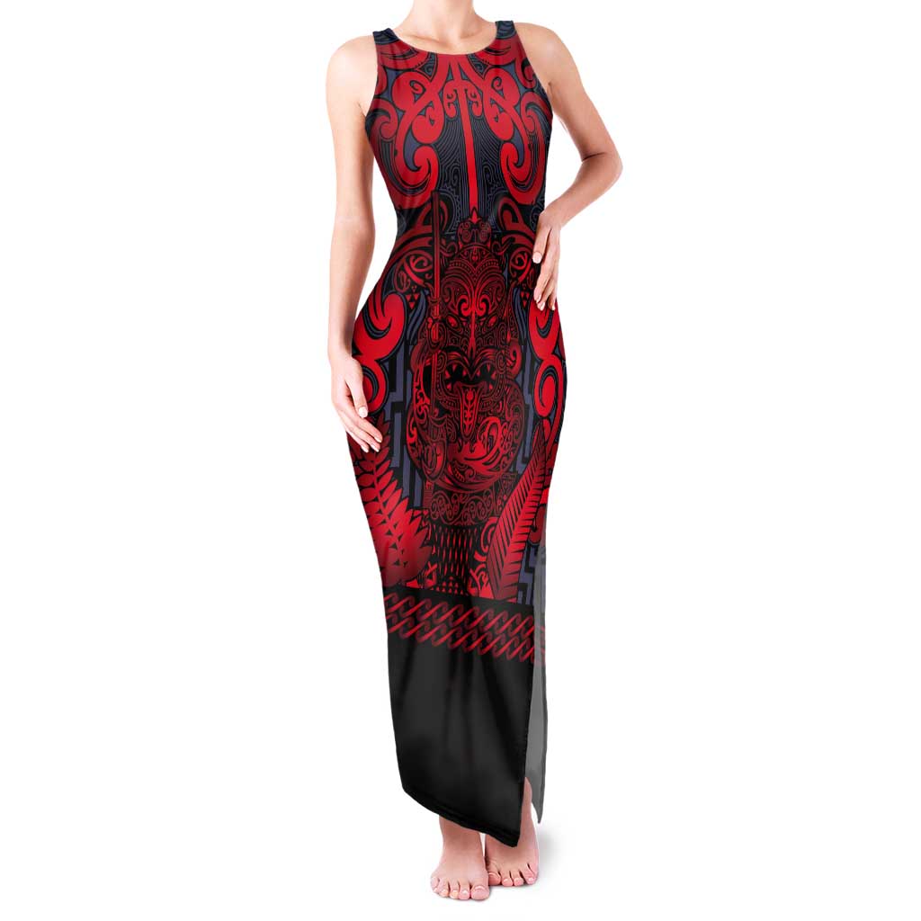 Custom New Zealand Taiaha Maori Tank Maxi Dress Whero Minimalist Silver Fern Tukutuku Motif