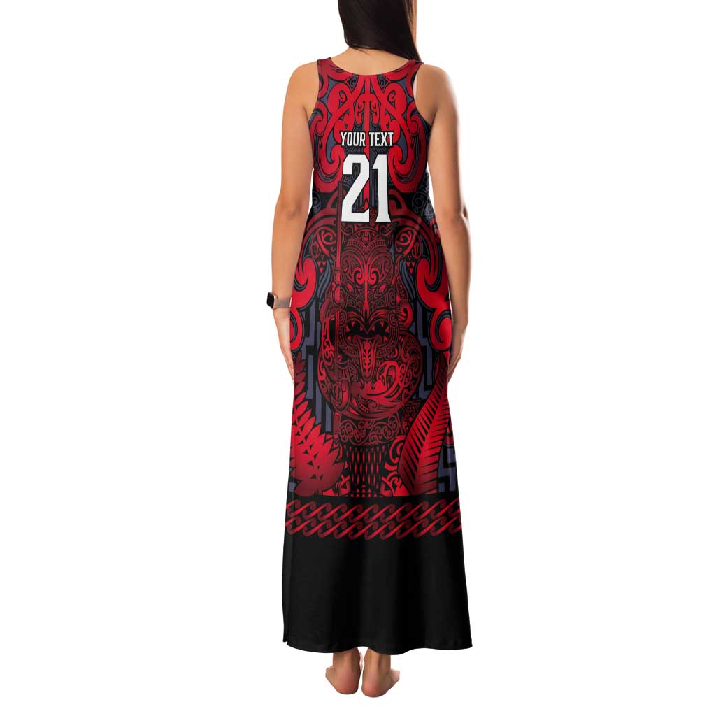 Custom New Zealand Taiaha Maori Tank Maxi Dress Whero Minimalist Silver Fern Tukutuku Motif