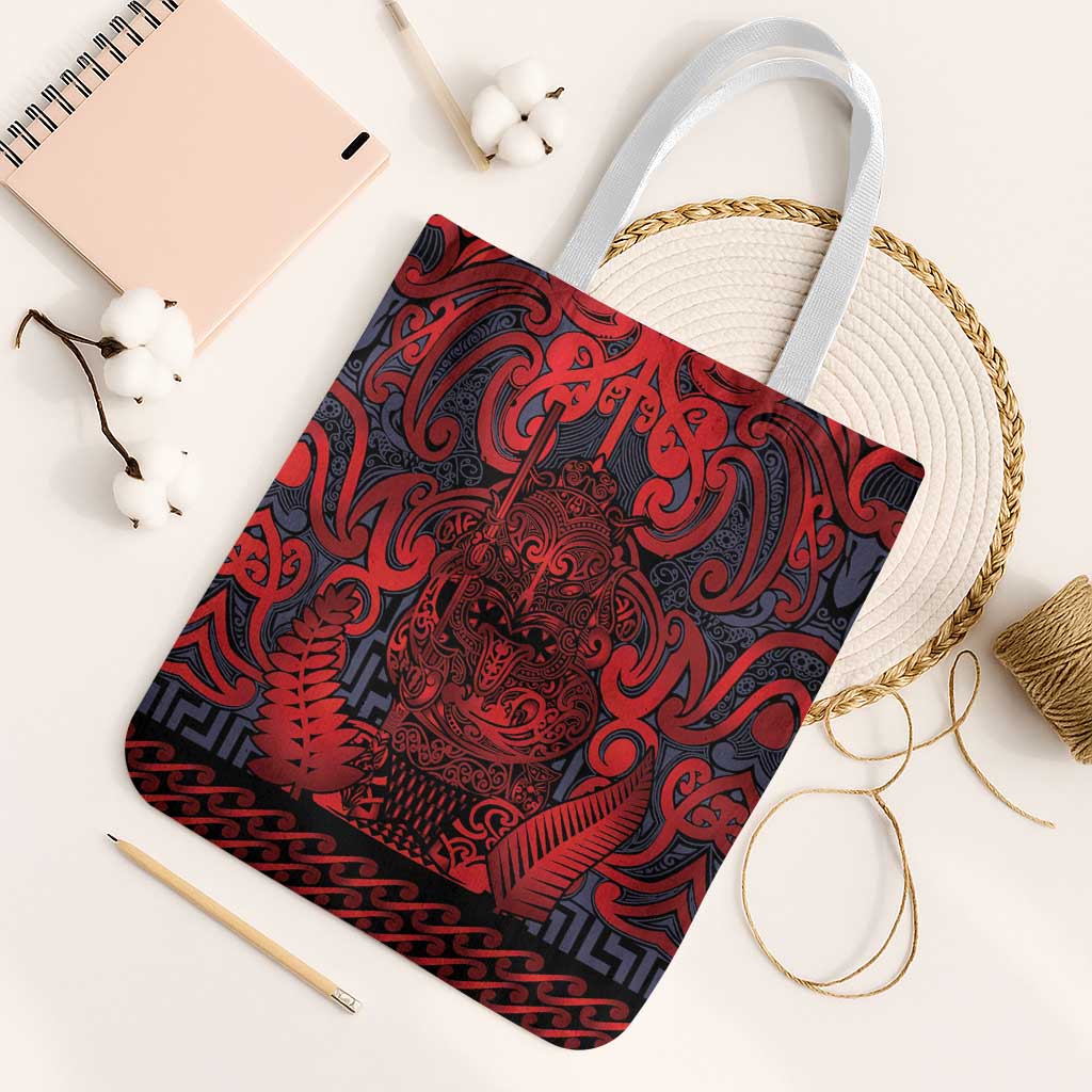 New Zealand Taiaha Maori Tote Bag Whero Minimalist Silver Fern Tukutuku Motif LT9 White Strap One Size Red - Polynesian Pride