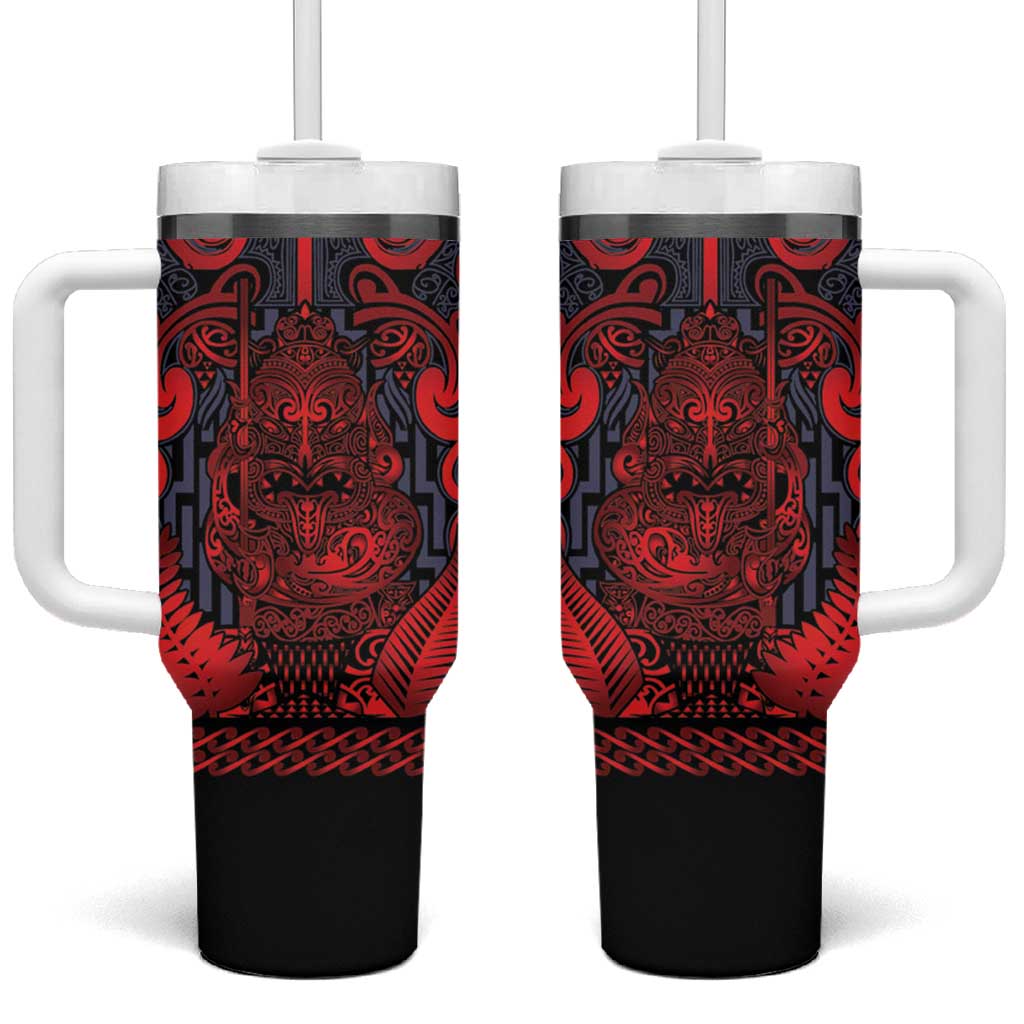 Custom New Zealand Taiaha Maori Tumbler With Handle Whero Minimalist Silver Fern Tukutuku Motif LT9 One Size: 40 oz Red - Polynesian Pride