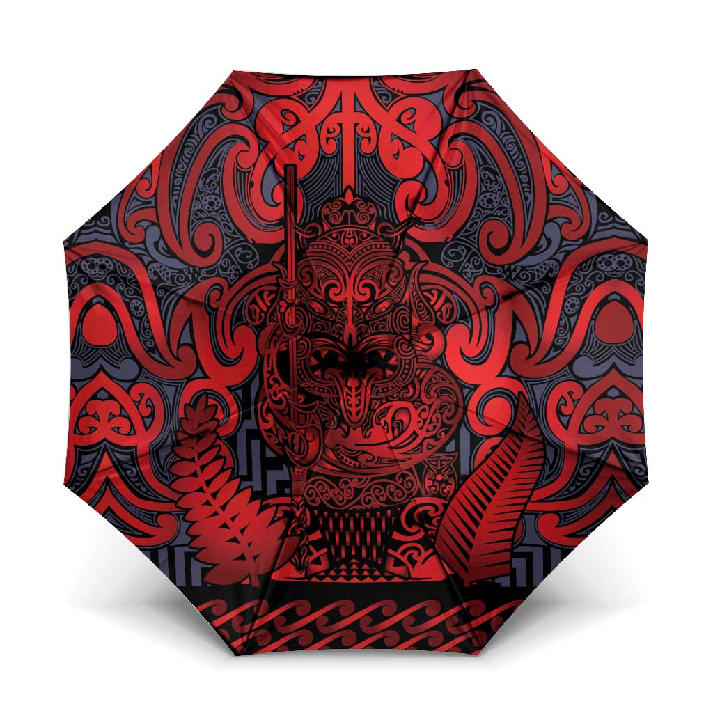 New Zealand Taiaha Maori Umbrella Whero Minimalist Silver Fern Tukutuku Motif LT9 One Size Folded 11.42 inch Opened Diameter 37.4 inch Red - Polynesian Pride