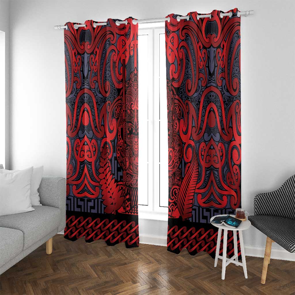New Zealand Taiaha Maori Window Curtain Whero Minimalist Silver Fern Tukutuku Motif LT9 With Grommets Red - Polynesian Pride