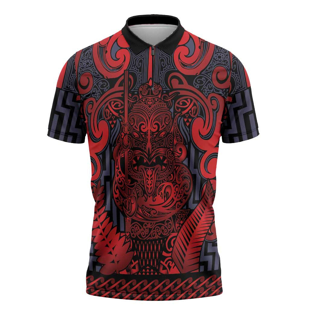 Custom New Zealand Taiaha Maori Zipper Polo Shirt Whero Minimalist Silver Fern Tukutuku Motif LT9 Red - Polynesian Pride