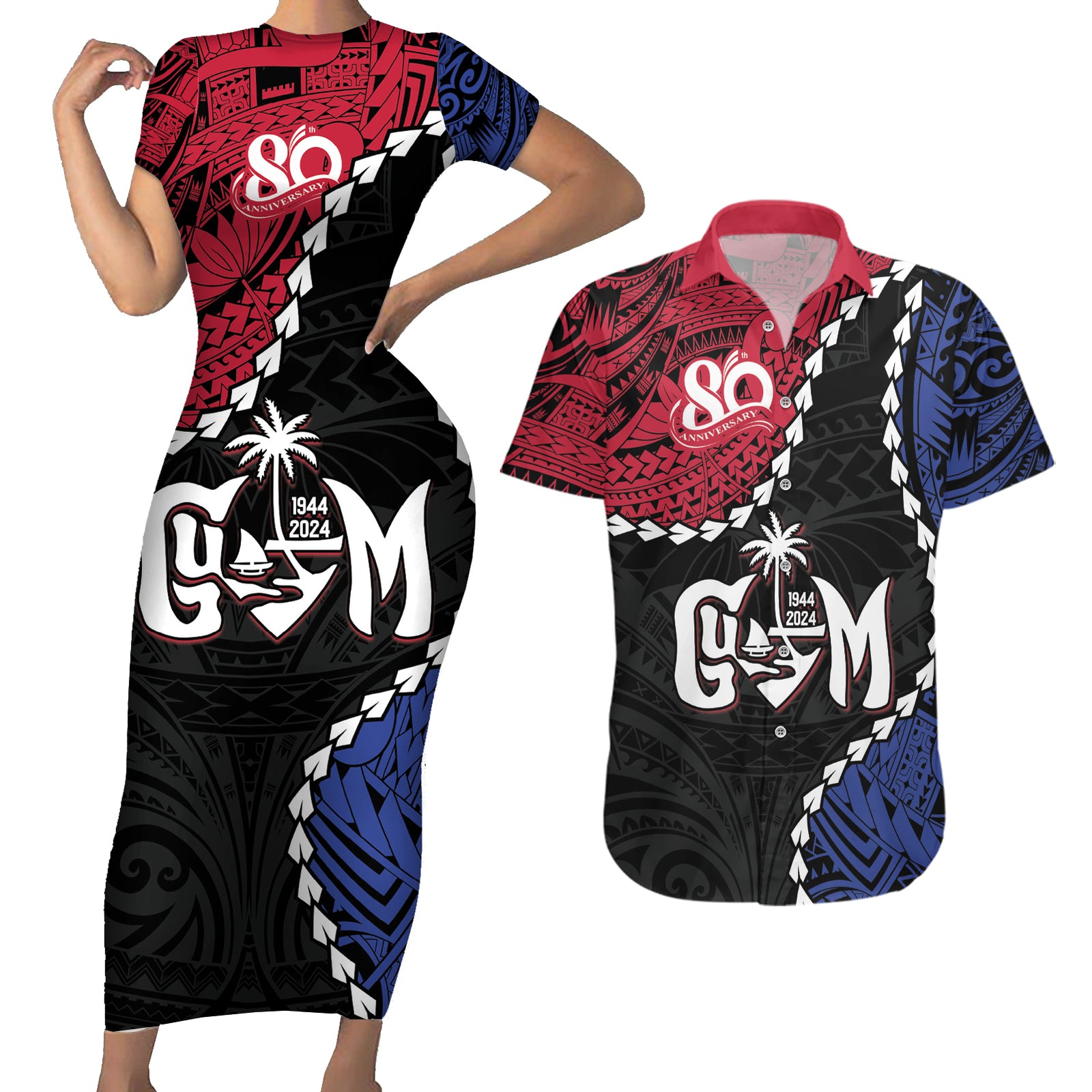 Personalized Guam 80th Anniversary Liberation Day Couples Matching Short Sleeve Bodycon Dress and Hawaiian Shirt Tano I Man Chamoru Since 1944
