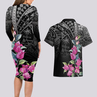 Guahan Puti Tai Nobiu Couples Matching Long Sleeve Bodycon Dress and Hawaiian Shirt Guam Bougainvillea Flower Art