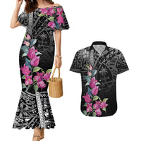 Guahan Puti Tai Nobiu Couples Matching Mermaid Dress and Hawaiian Shirt Guam Bougainvillea Flower Art LT9 Black - Polynesian Pride