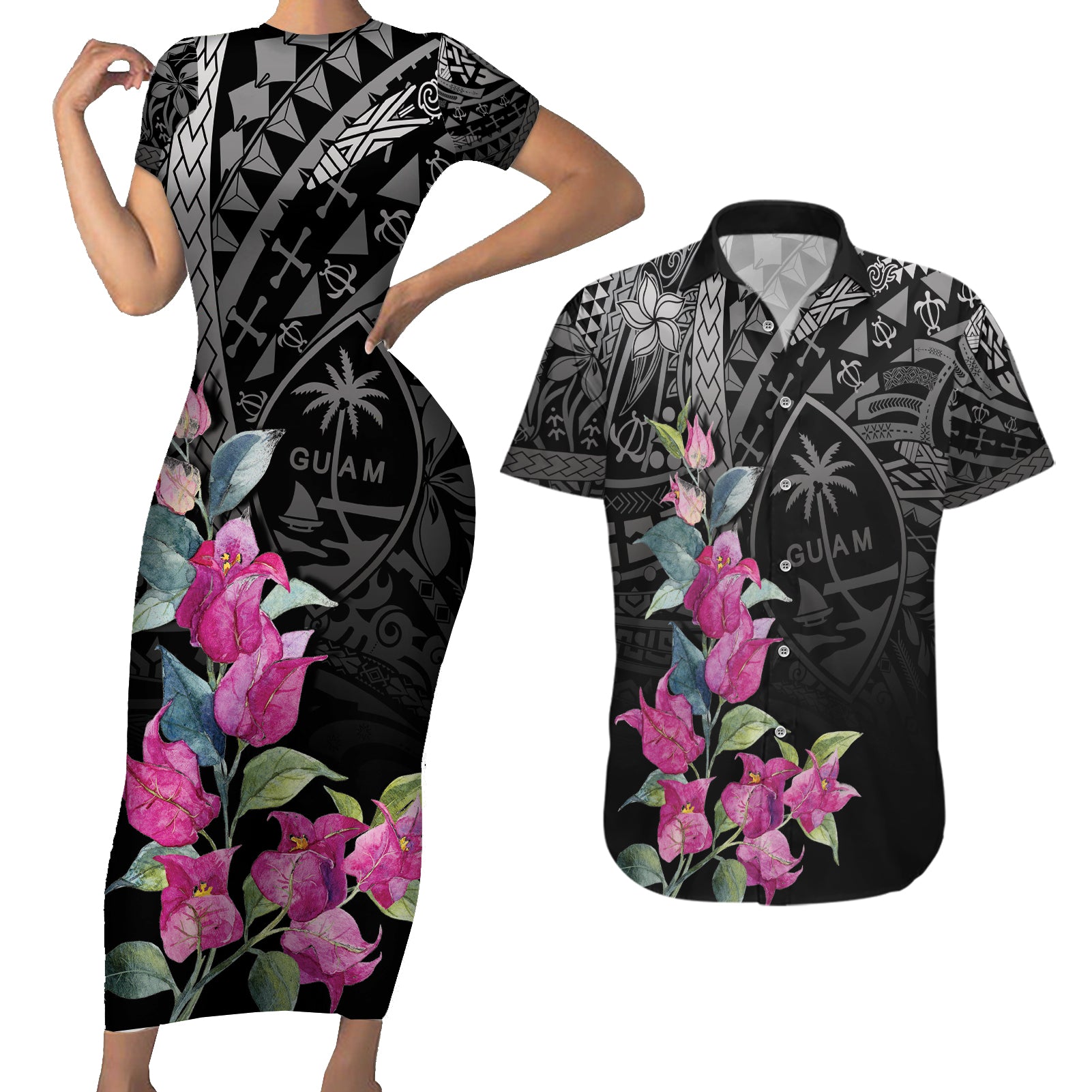 Guahan Puti Tai Nobiu Couples Matching Short Sleeve Bodycon Dress and Hawaiian Shirt Guam Bougainvillea Flower Art