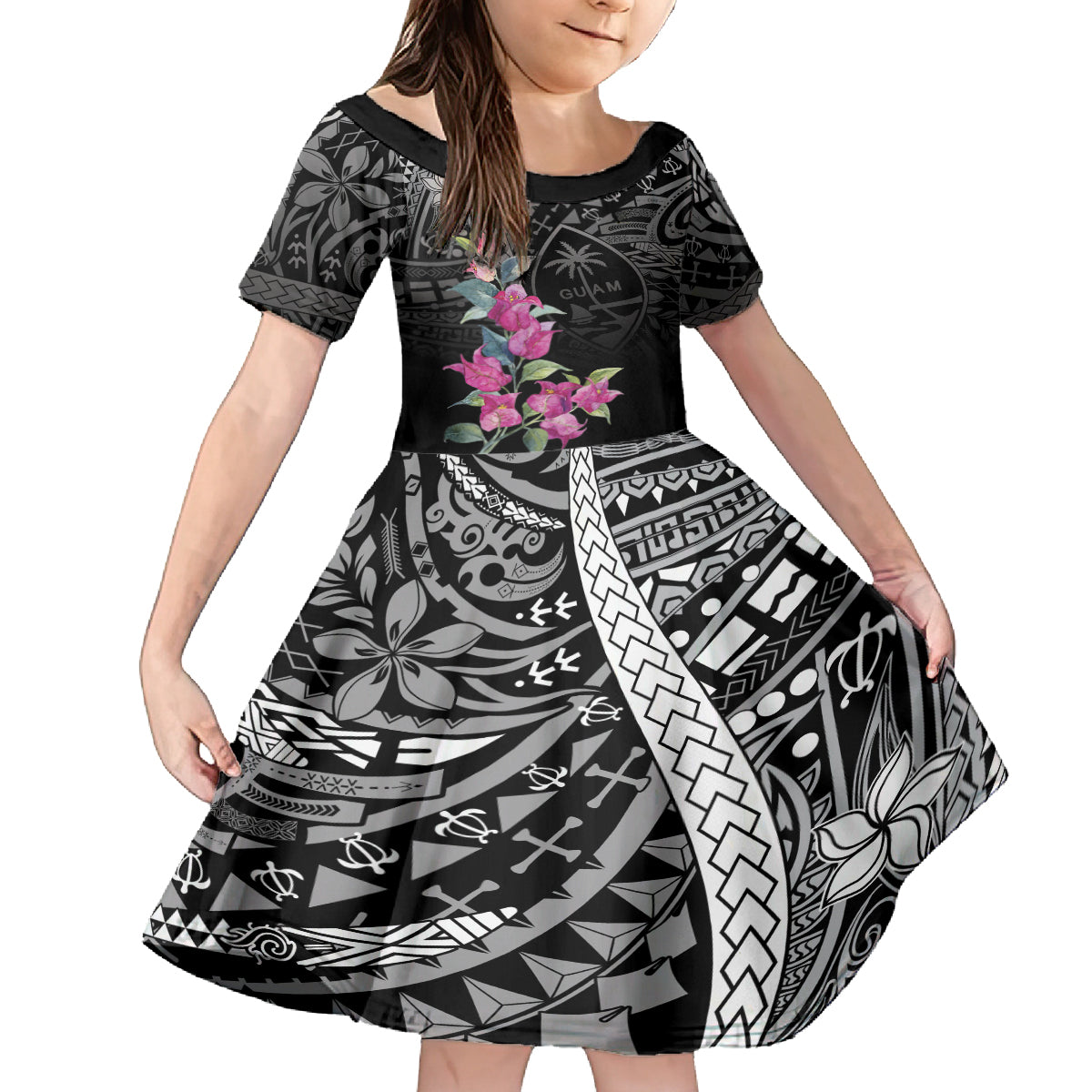 Guahan Puti Tai Nobiu Family Matching Puletasi and Hawaiian Shirt Guam Bougainvillea Flower Art LT9 Daughter's Dress Black - Polynesian Pride