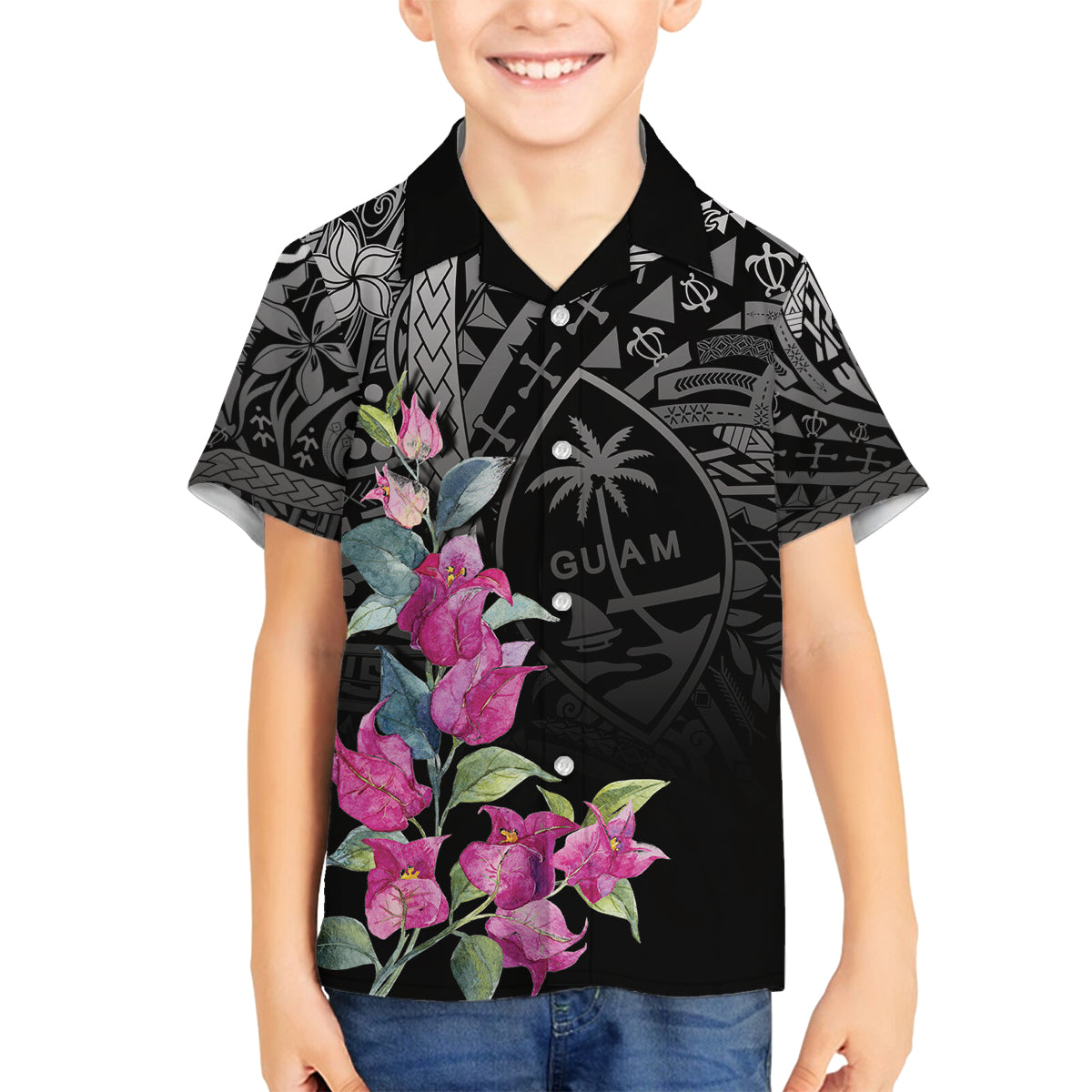 Guahan Puti Tai Nobiu Family Matching Puletasi and Hawaiian Shirt Guam Bougainvillea Flower Art LT9 Son's Shirt Black - Polynesian Pride