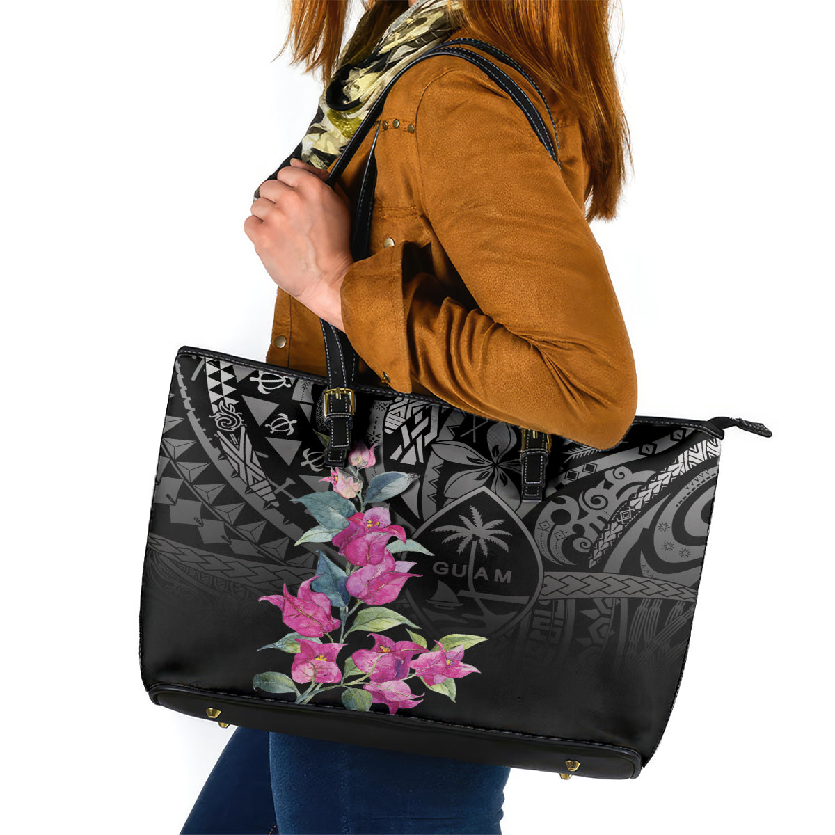 Guahan Puti Tai Nobiu Leather Tote Bag Guam Bougainvillea Flower Art