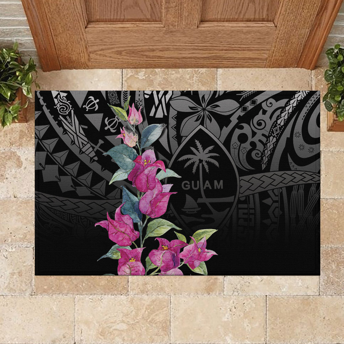 Guahan Puti Tai Nobiu Rubber Doormat Guam Bougainvillea Flower Art