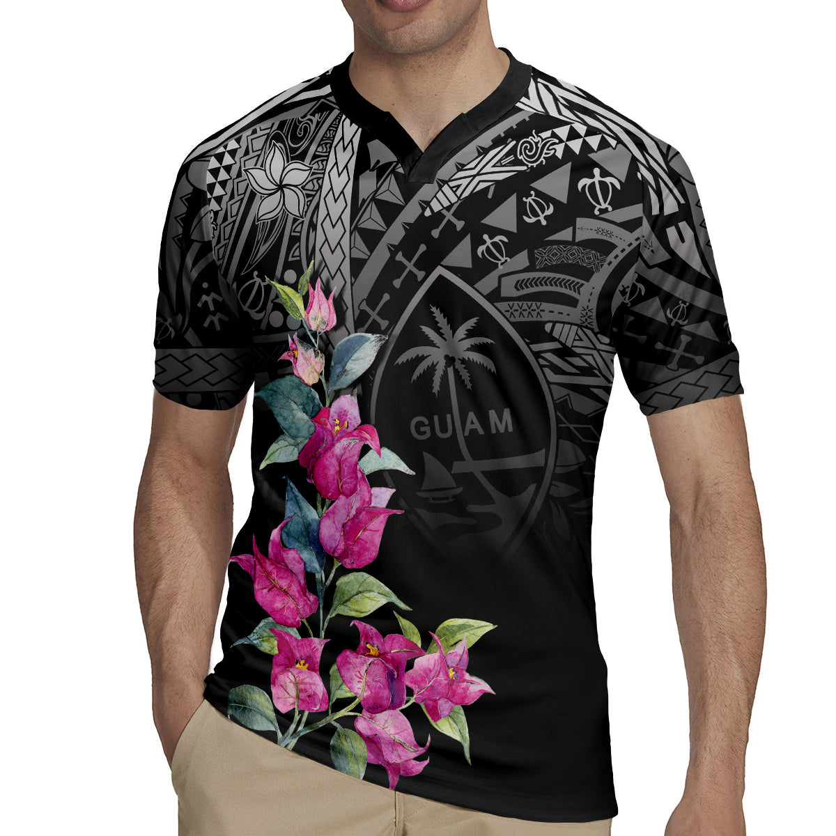 Guahan Puti Tai Nobiu Rugby Jersey Guam Bougainvillea Flower Art