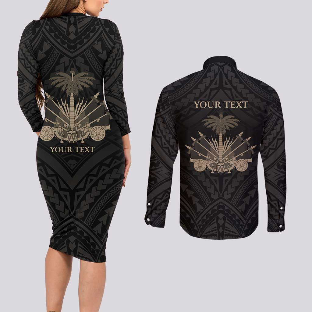 Personalized Haiti First Black Republic Couples Matching Long Sleeve Bodycon Dress and Long Sleeve Button Shirt Negre Marron With Map And Flag