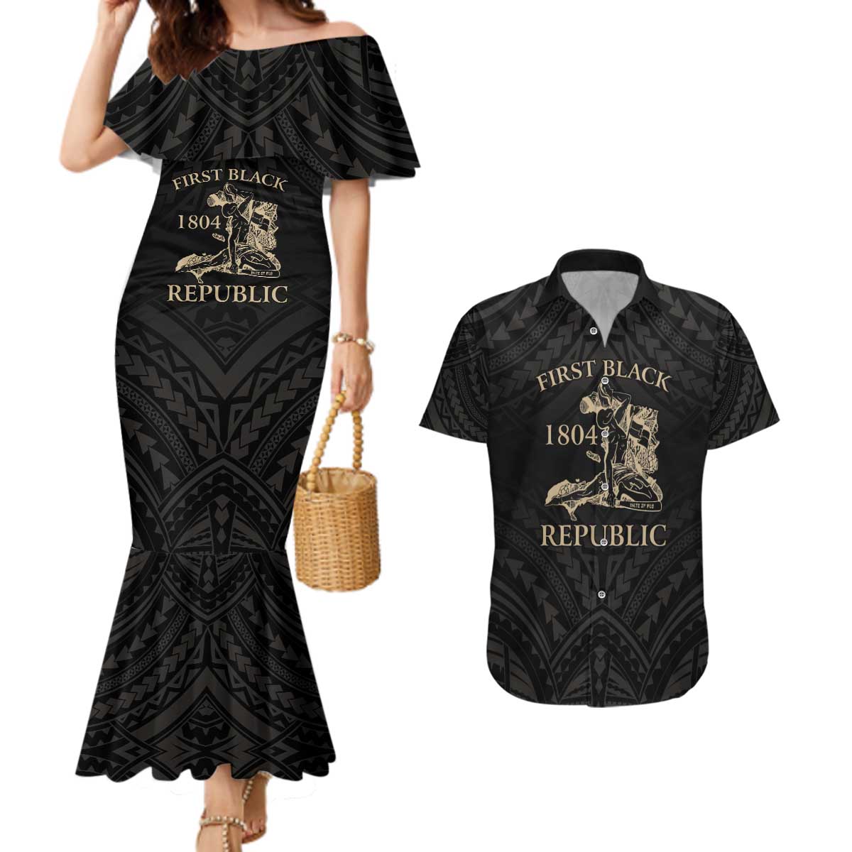 Personalized Haiti First Black Republic Couples Matching Mermaid Dress and Hawaiian Shirt Negre Marron With Map And Flag LT9 Black - Polynesian Pride