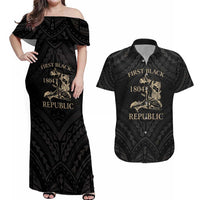 Personalized Haiti First Black Republic Couples Matching Off Shoulder Maxi Dress and Hawaiian Shirt Negre Marron With Map And Flag LT9 Black - Polynesian Pride