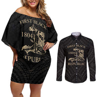 Personalized Haiti First Black Republic Couples Matching Off Shoulder Short Dress and Long Sleeve Button Shirt Negre Marron With Map And Flag
