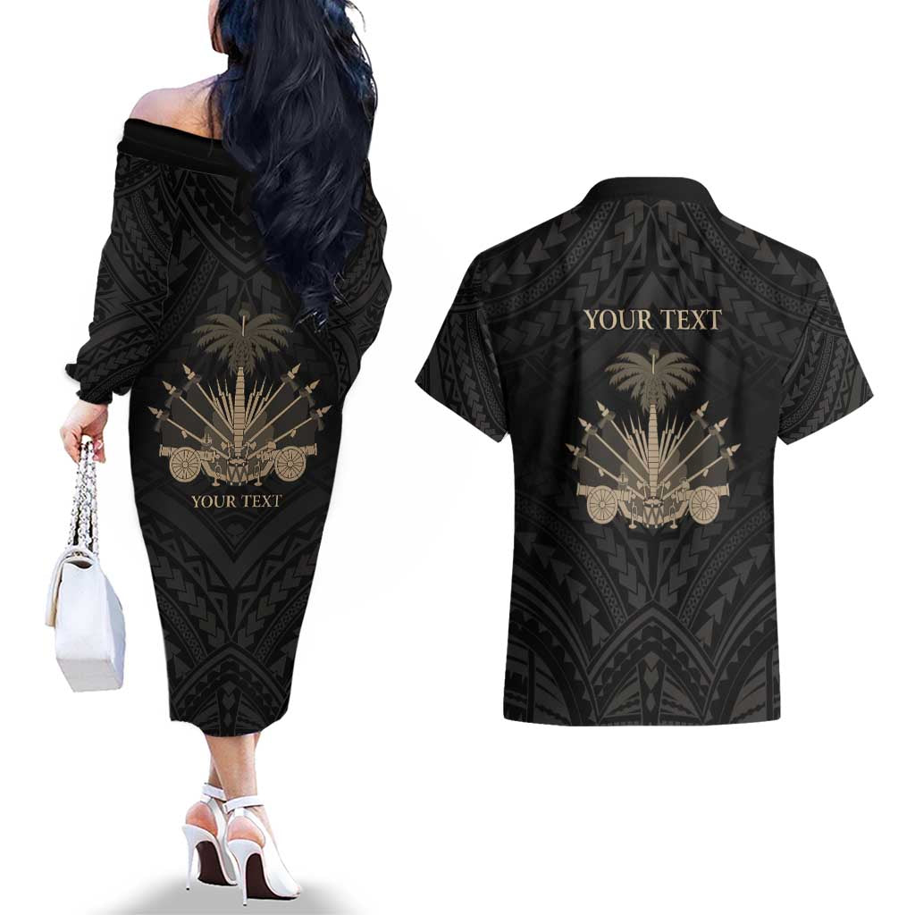 Personalized Haiti First Black Republic Couples Matching Off The Shoulder Long Sleeve Dress and Hawaiian Shirt Negre Marron With Map And Flag