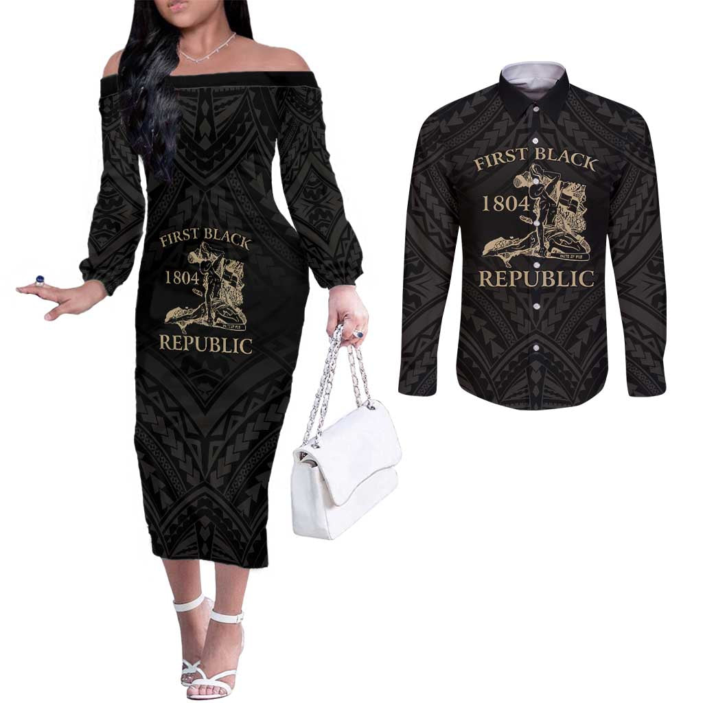 Personalized Haiti First Black Republic Couples Matching Off The Shoulder Long Sleeve Dress and Long Sleeve Button Shirt Negre Marron With Map And Flag