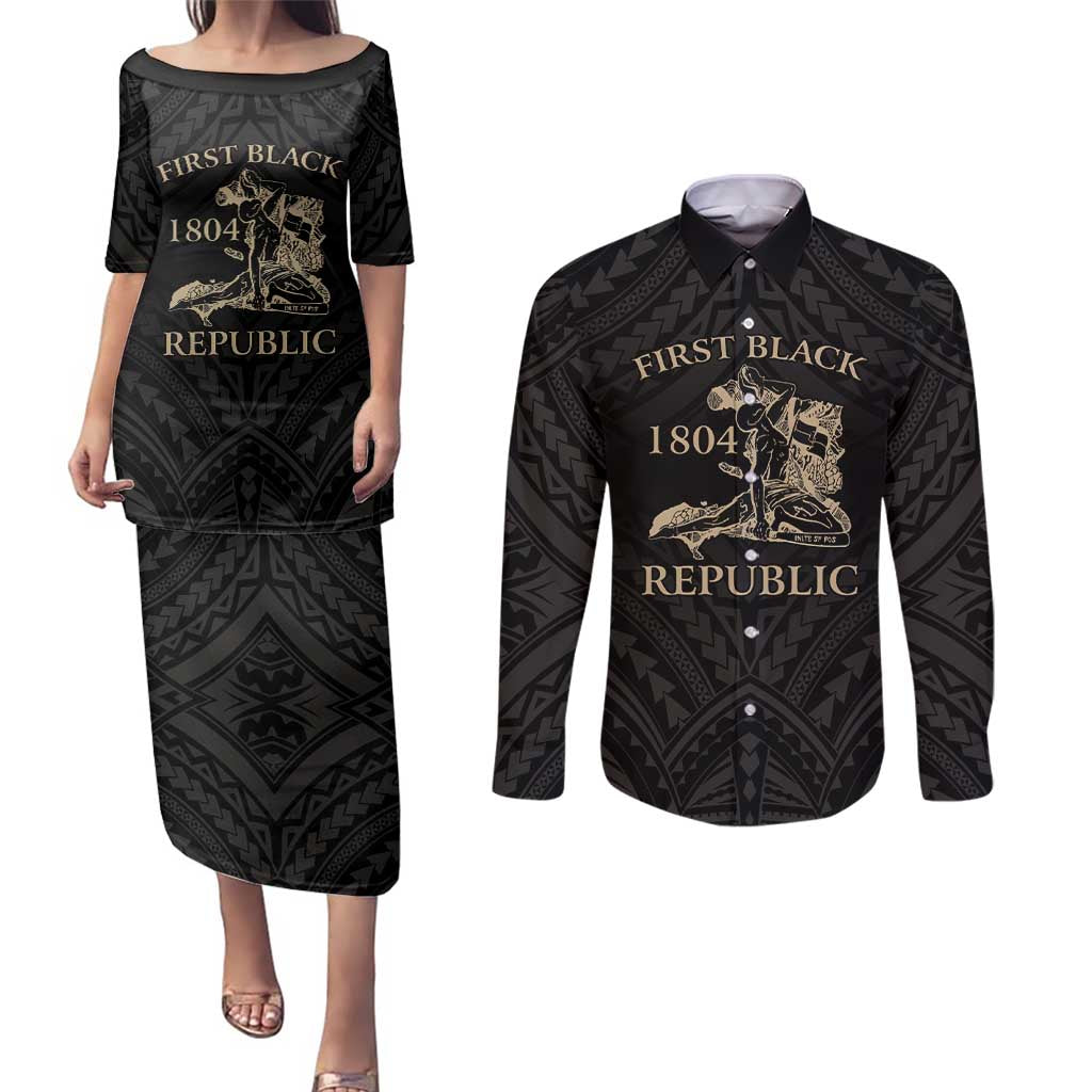 Personalized Haiti First Black Republic Couples Matching Puletasi and Long Sleeve Button Shirt Negre Marron With Map And Flag
