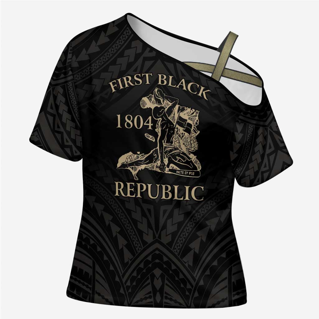 Personalized Haiti First Black Republic Cross Shoulder Shirt Negre Marron With Map And Flag - Polynesian Pride