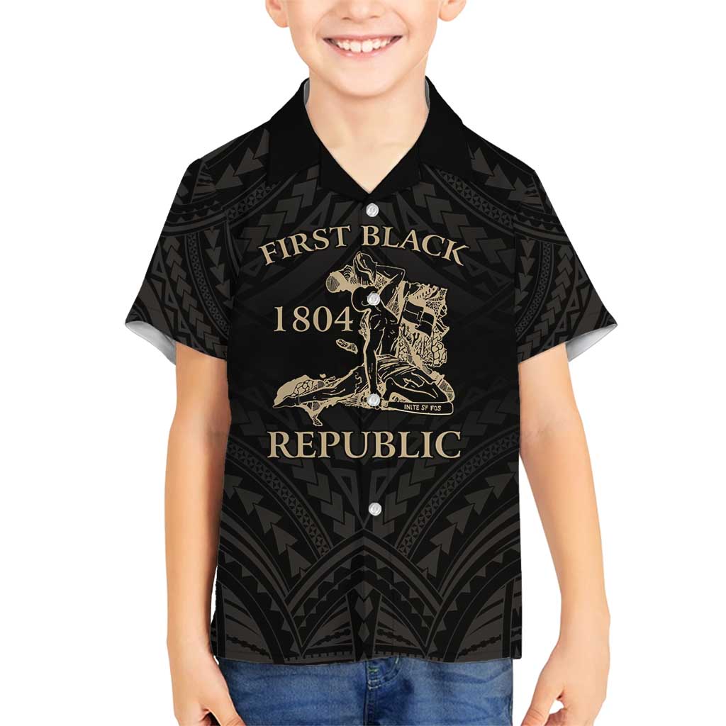 Personalized Haiti First Black Republic Family Matching Long Sleeve Bodycon Dress and Hawaiian Shirt Negre Marron With Map And Flag LT9 Son's Shirt Black - Polynesian Pride